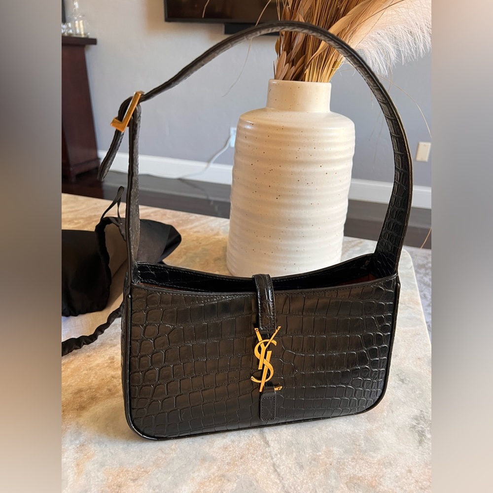 YSL Croc Embossed Leather Hobo Bag